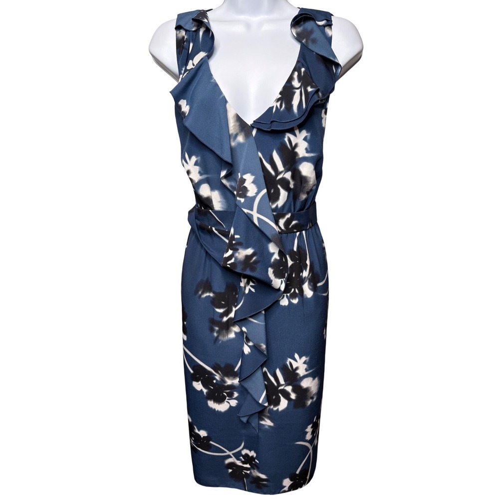 TAHARI‎ Womens Blue Floral Ruffle Sleeveless Sheath Dress 12 Cocktail Feminine